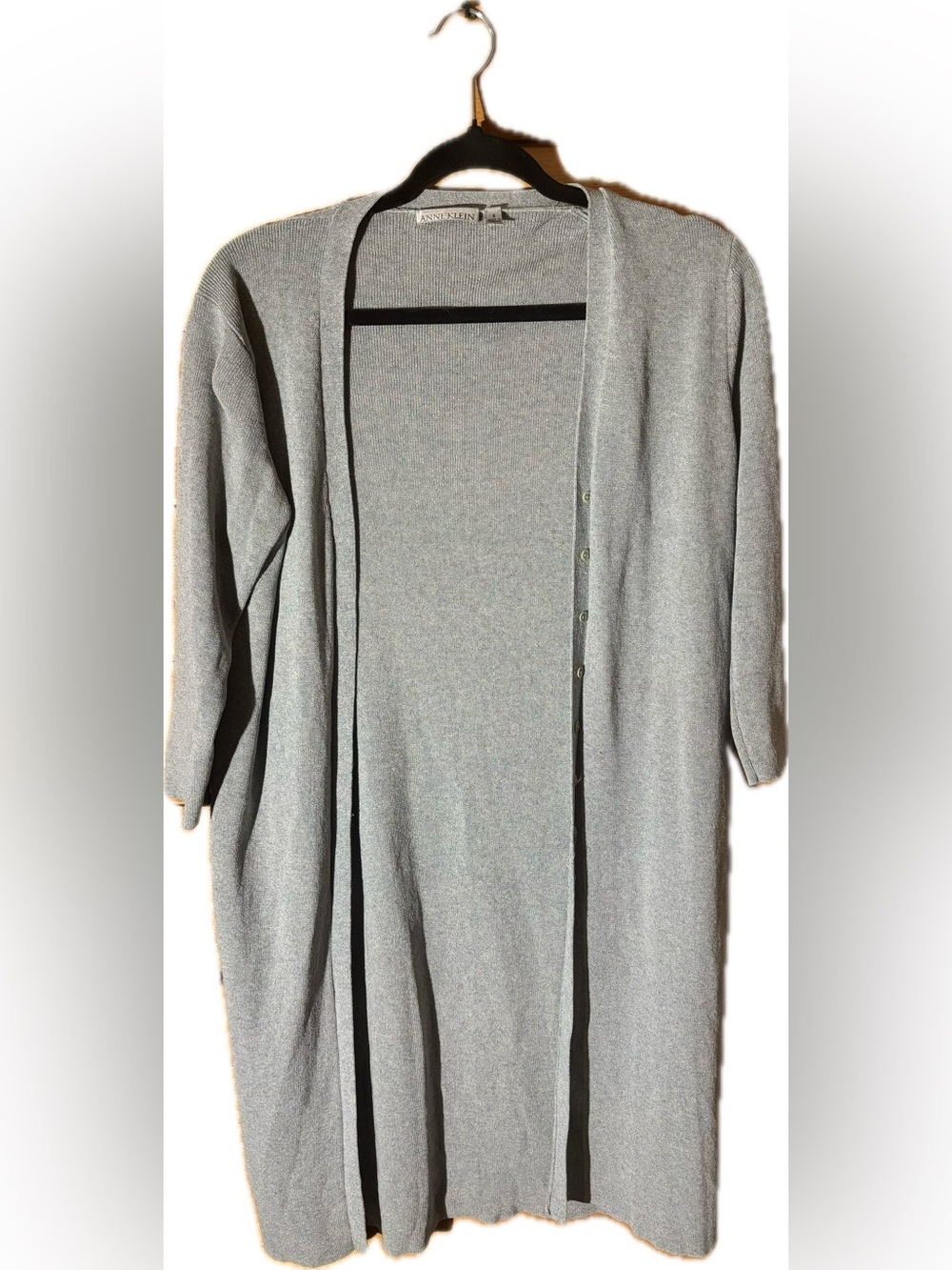 Anne Klein Light Grey Wool-Silk Blend Knit Long Cardigan